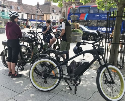 The bikes in the square at Wimborne Minster on ebike tour 2